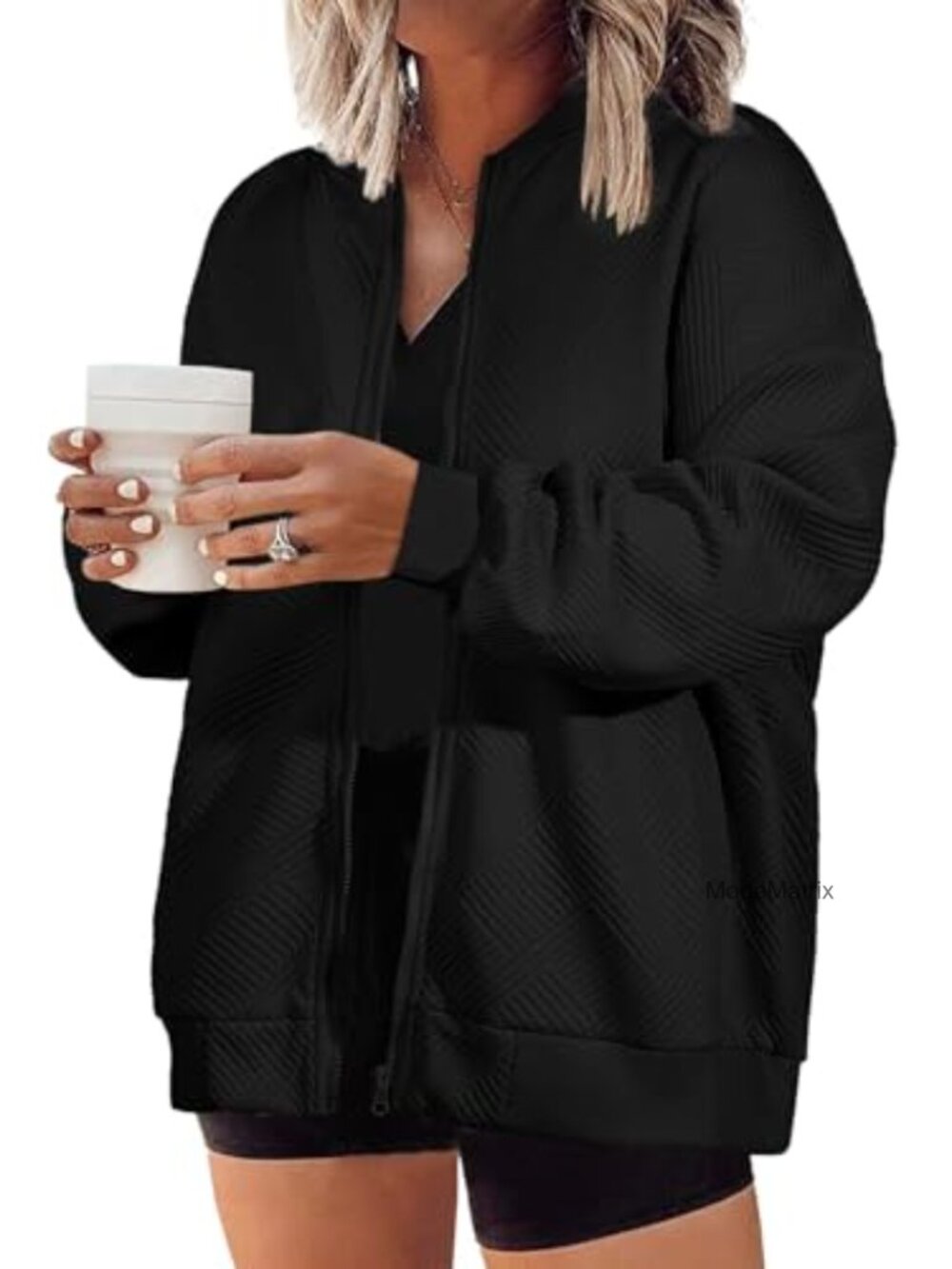 Plus Size Zip Up Jacket Long Sleeve Stand Collar Loose Fit Casual Coat